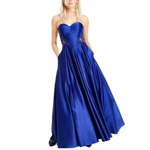 Blondie Nites Strapless Beaded Satin A-Line Evening Gown Royal Blue Size 7 Dress